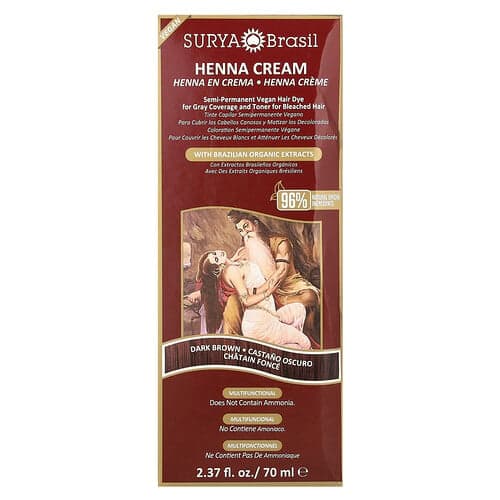 Surya Brasil, Crema de henna, Tinte para el cabello saludable de alto rendimiento para cubrir las canas, Castaño oscuro, 70 ml (2,37 oz. líq.)