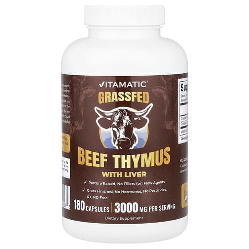 Vitamatic, Timo con hígado de res alimentada con pasturas, 180 cápsulas