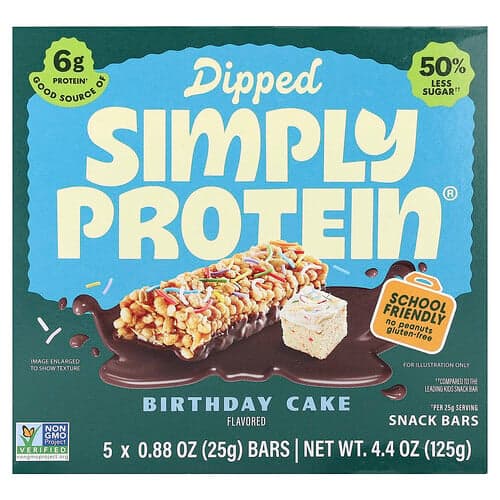 Simply Protein, Barritas con baño, Pastel de cumpleaños, 5 barritas, 25 g (0,88 oz) cada una