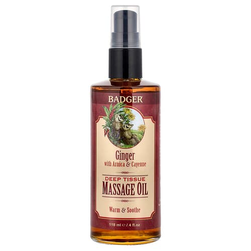 Badger, Aceite para masajes de tejidos profundos, Jengibre con árnica y cayena, 118 ml (4 oz. Líq.)