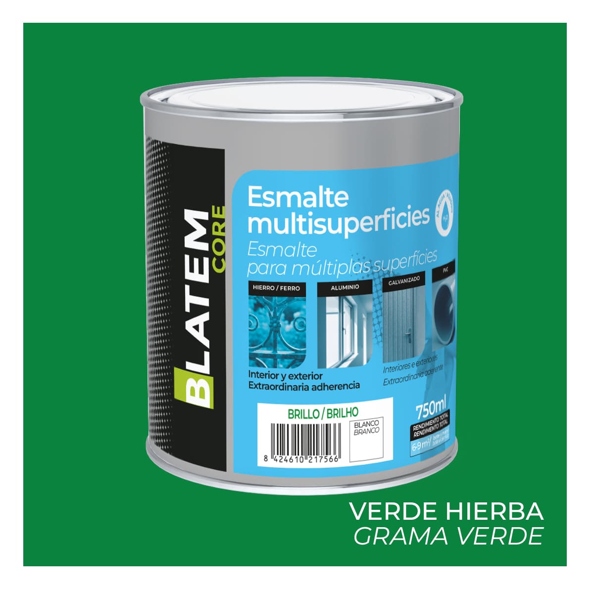 Esmalte multisuperficies al agua brillo verde hierba 750ml blatem core