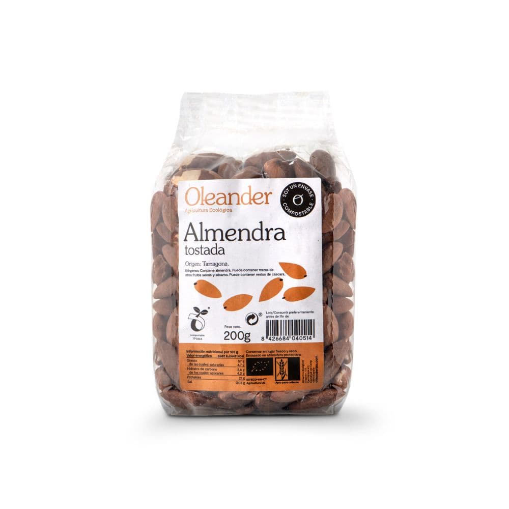 Almendras tostadas con piel ecológicas, 200 g - Oleander