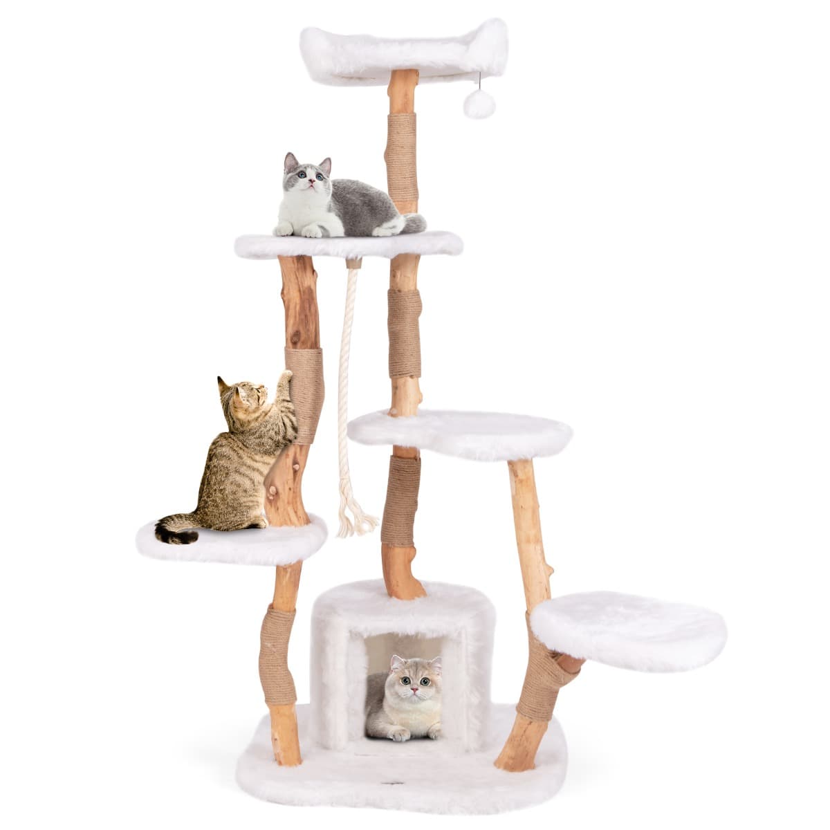 Costway Árbol para Gatos de Madera Sólida de 168 CM Torre de Gato con Perchero Condominio Postes de Jute Rasguñador Bola Colgante de 6 Capas Blanco