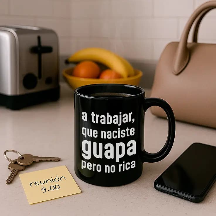 Taza con mensaje A trabajar que naciste guapa pero no rica