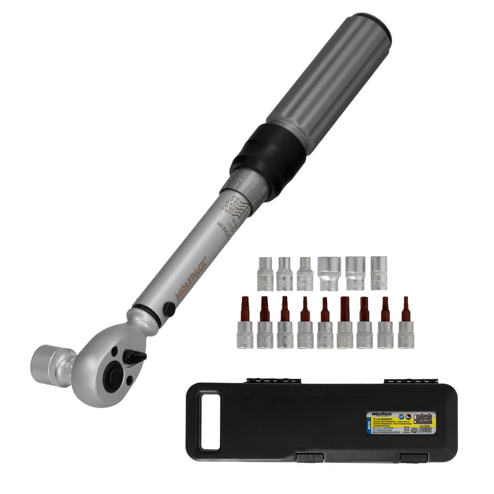WOLFPACK LINEA PROFESIONAL Llave Dinamometrica 1/4" Con 9 Puntas Hexagonales y 5 Vasos. Llave De Torque Camiones, Coches, Motos, Micro Ajustes, Acero