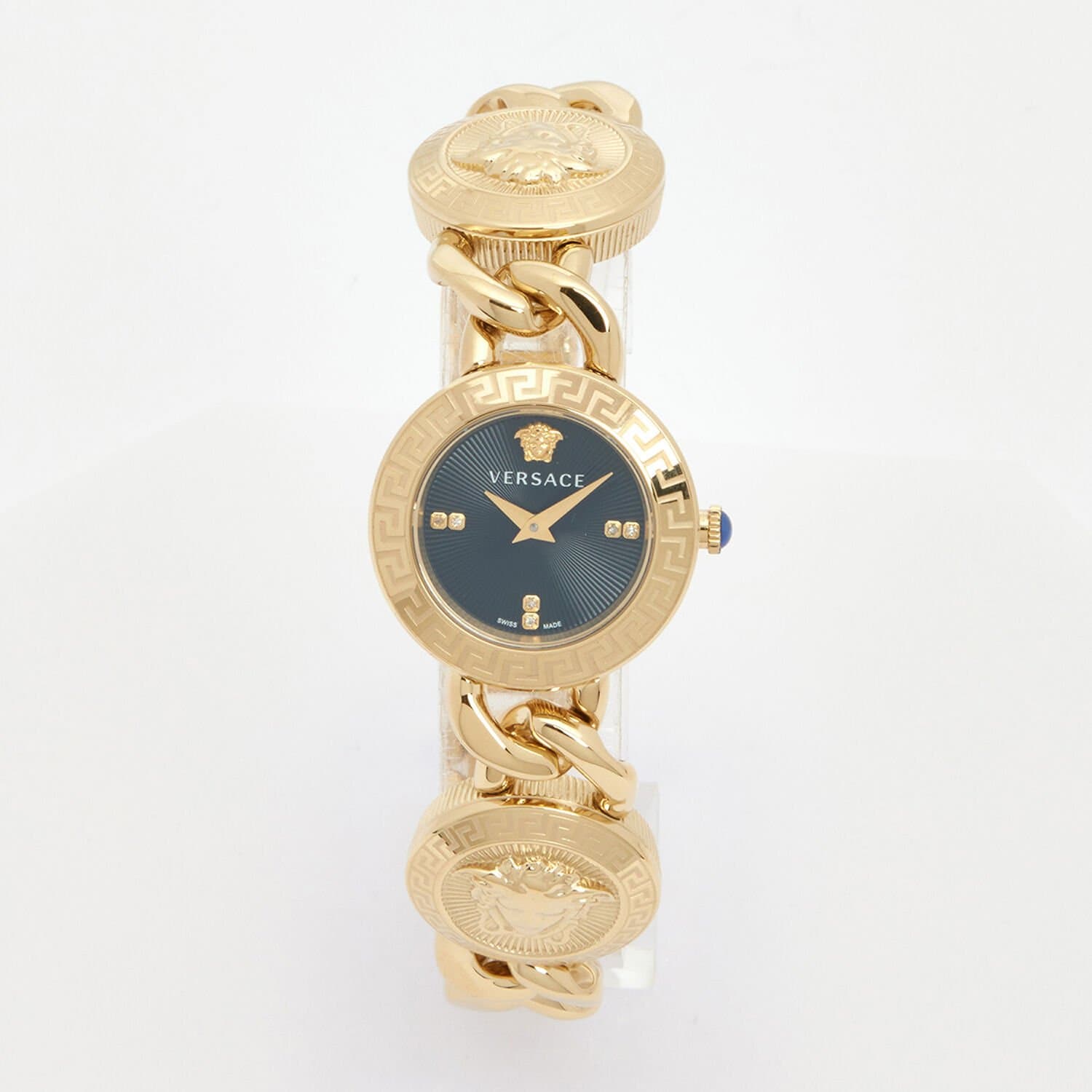 Versace Women's Watch Stud Icon Diamond Black Dial 26mm IP Yellow Gold Bracelet VE3C00422