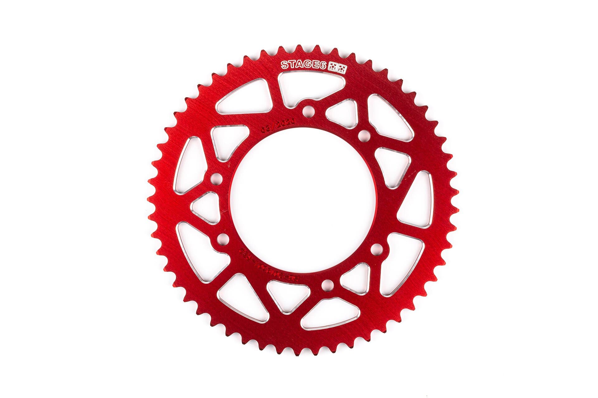Corona Derbi DRD Pro 53 Dientes 420 Stage6 Aluminio CNC Rojo