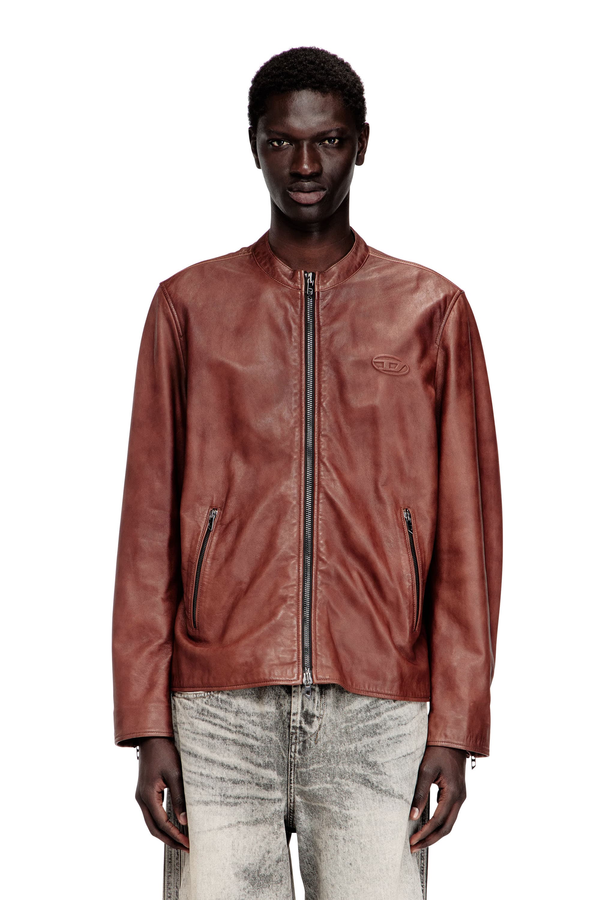 Diesel - Chaqueta de cuero tipo motociclista con logo de archivo - Chaquetas de piel - Hombre - Rojo