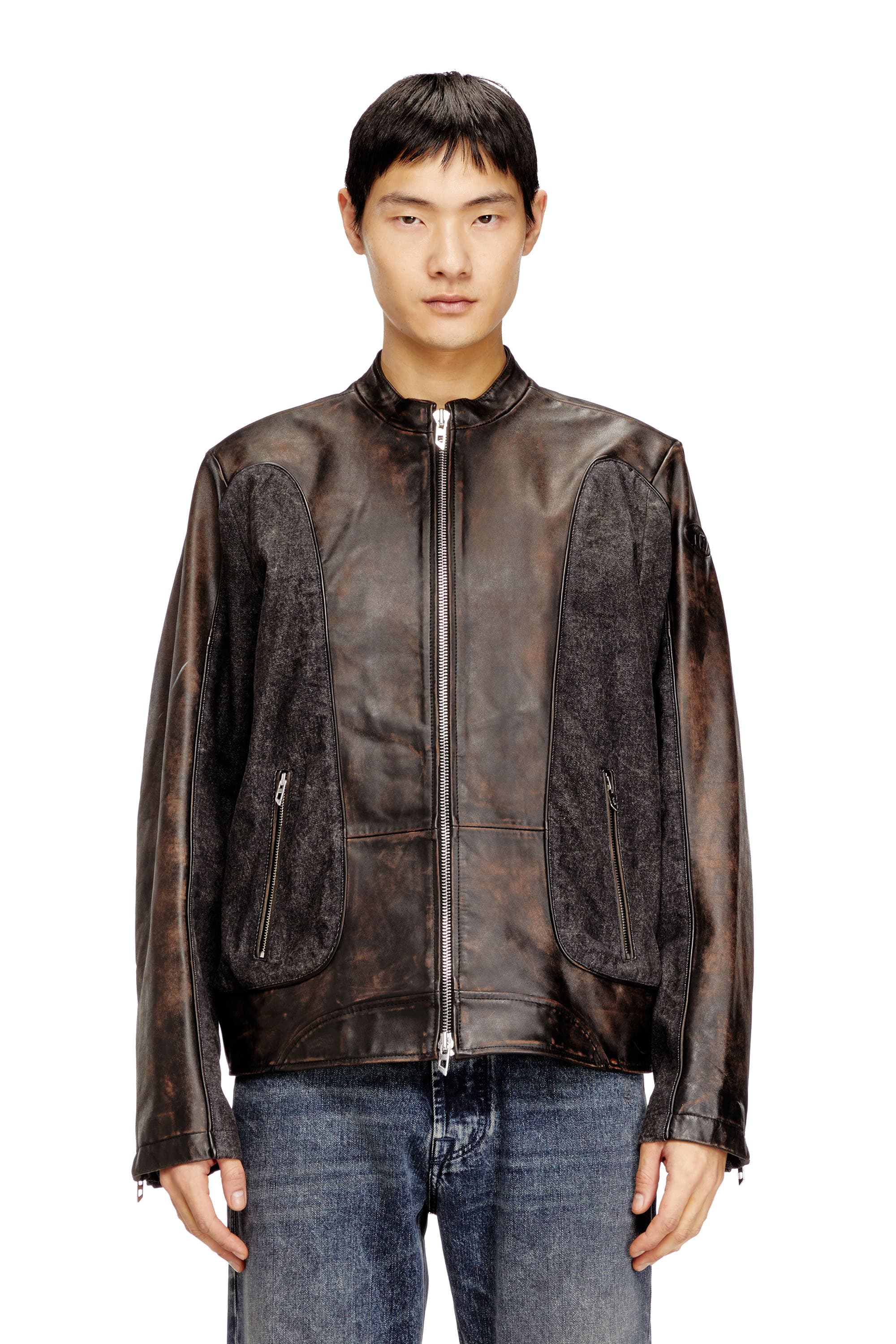 Diesel - Chaqueta biker canalizada en cuero y denim - Chaquetas de piel - Hombre - Marrón