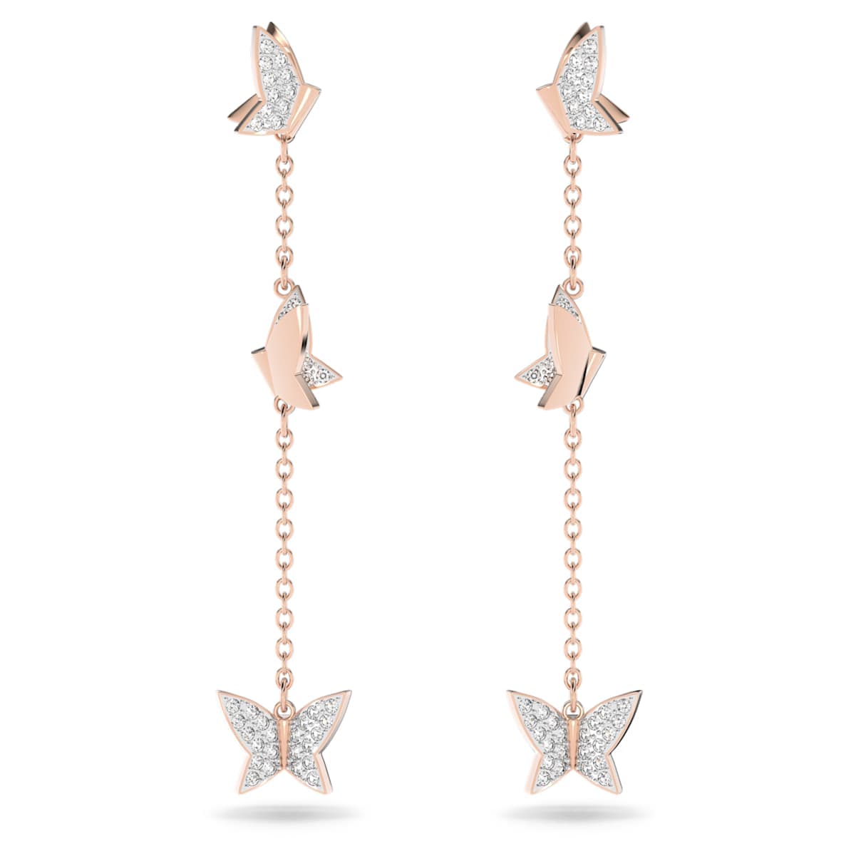 Pendientes Idyllia Lilia, Mariposa, Largos, Blancos, Acabado en oro rosa de 18 quilates