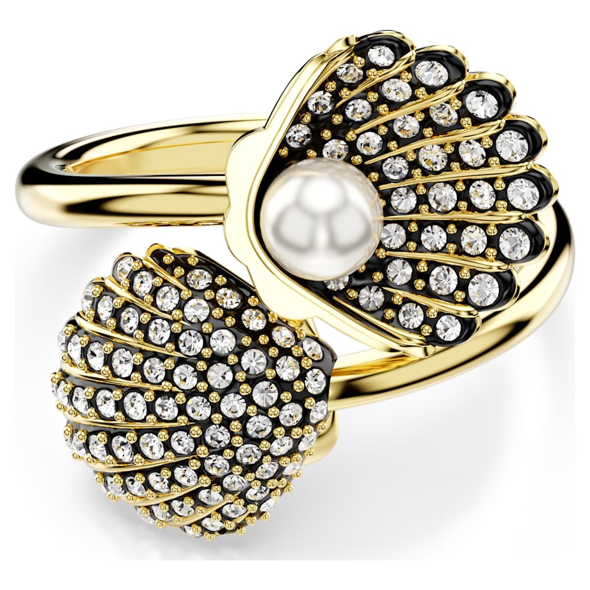 Anillo abierto Idyllia, Perla de cristal, Concha de mar, Blanco, Baño tono oro
