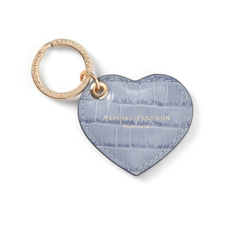 Aspinal of London Small Heart Keyring in Deep Shine Sky Blue Small Croc