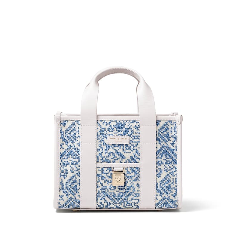 Aspinal of London Mini Henley Tote in Toile De Jouy Hand Embroidery on Sky Blue
