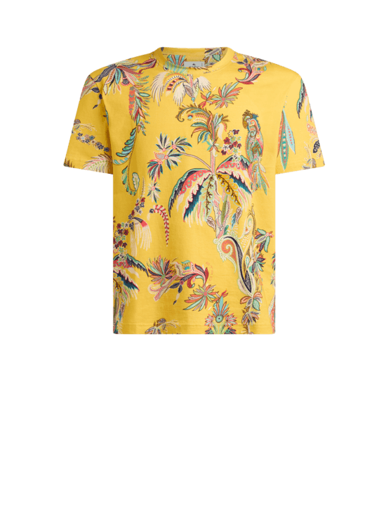 Etro, Camiseta De Punto De Algodón Con Motivo De Loros Y Palmeras, Herren, Amarillo, Tamaño XS