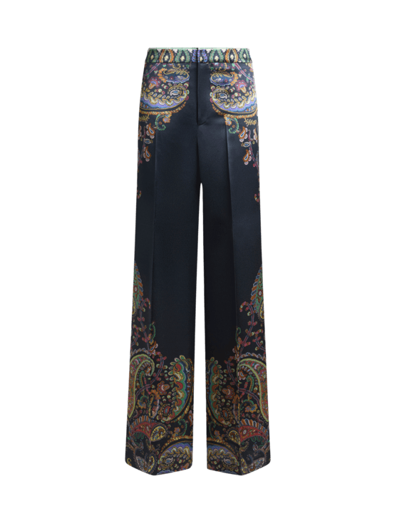 Etro, Pantalones De Pernera Ancha De Envers Satin Con Estampado Posicional, Mujer, Azul, Tamaño 50