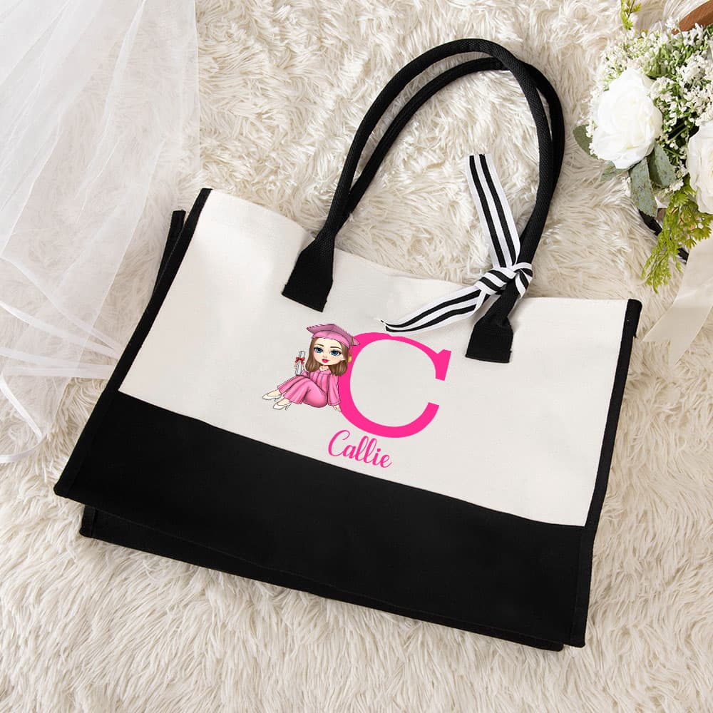 Personalizado Cartoon Graduate Personaje Bolsa de lona con la inicial y el nombre de Graduación Bendición Fiesta Favor Regalo para Niñas Amigos