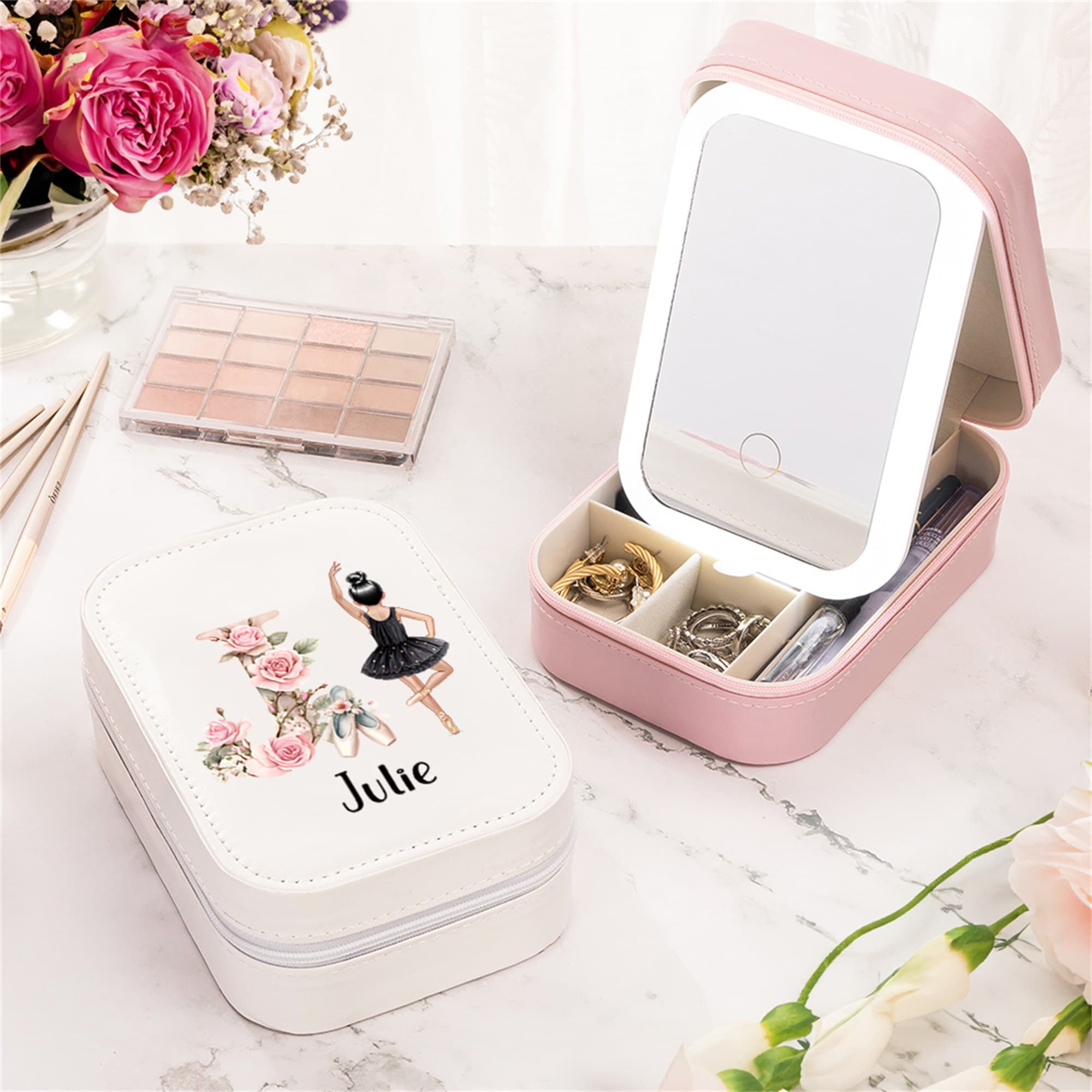 Caja de joyería de cuero de la PU de la muchacha personalizada del ballet de la historieta con el nombre y el viaje esencial del espejo del