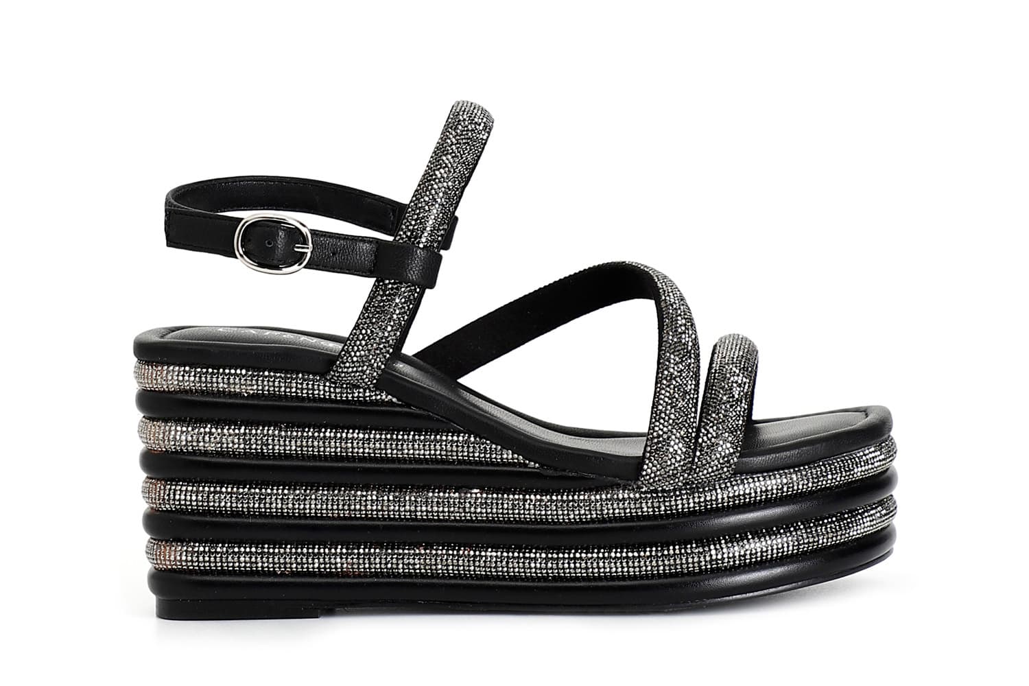 sandalias de pedrería con cuña a rayas y pedrería black 36