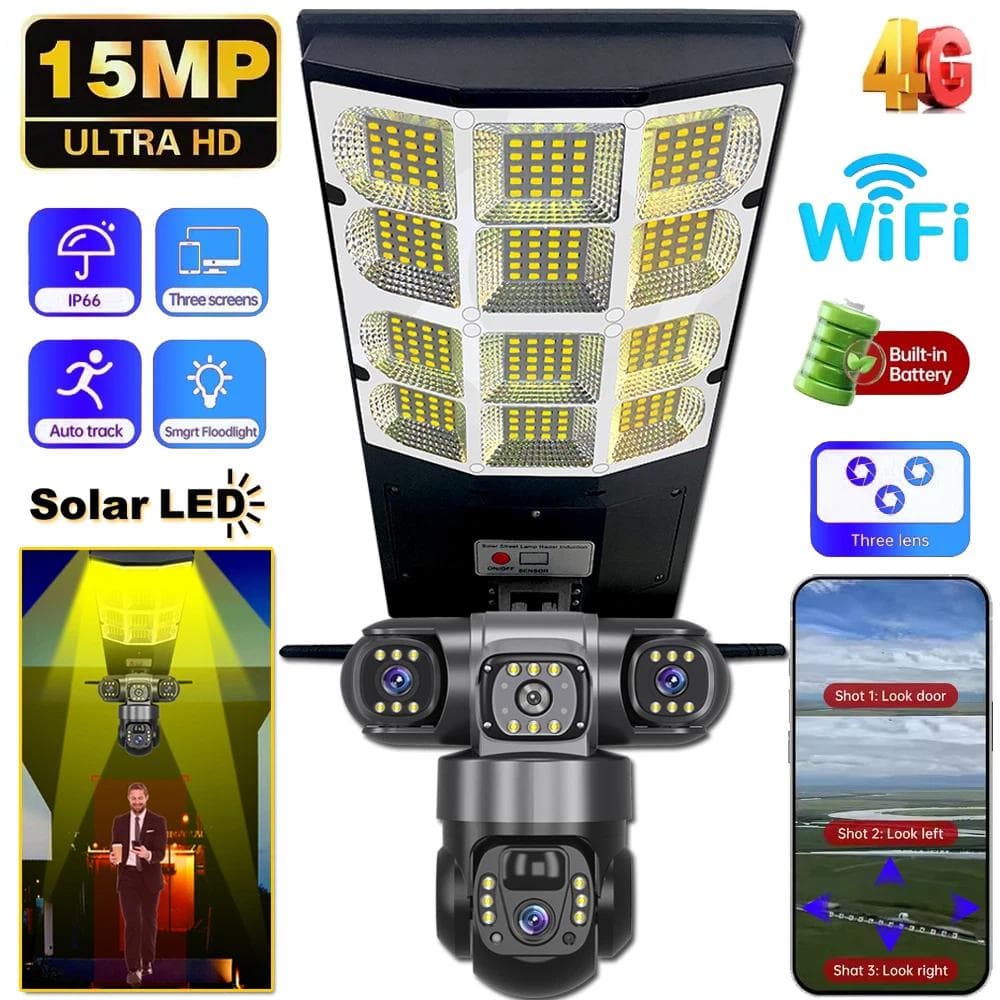 Luz de Calle Solar 2 en 1, Cámara, Luz de Patio, Luz de Monitoreo Multipropósito Carga de Energía negro