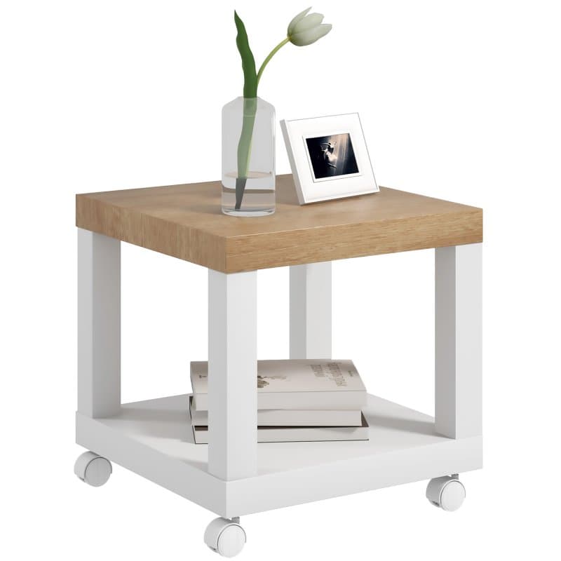 Homcom Mesita Auxiliar Con Ruedas Estante Abierto 40x40x40 Cm Natural Y Blanco