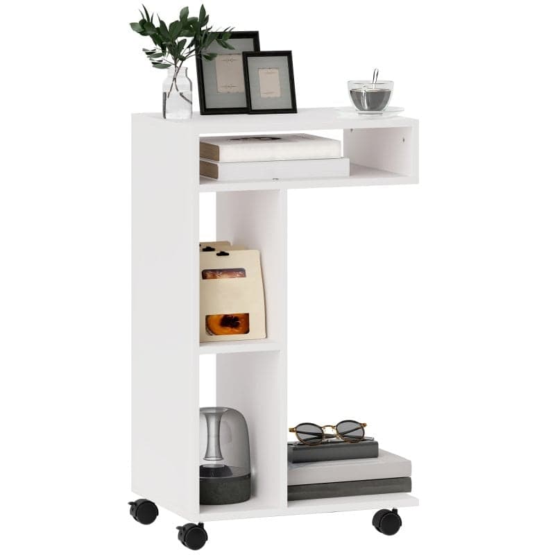 Homcom Mesa Auxiliar En Forma De C Con Ruedas 40x30x69 Cm Blanco