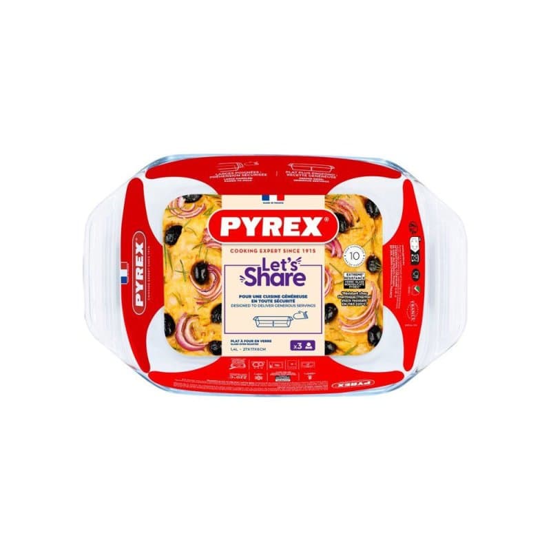 Pyrex Let's Share Fuente De Horno Rectangular De Vidrio Borosilicato 27 X 17 Cm, 1,4 L, Con Asas Anchas Y Grips. Apto Horno Hasta 300 °c Y
