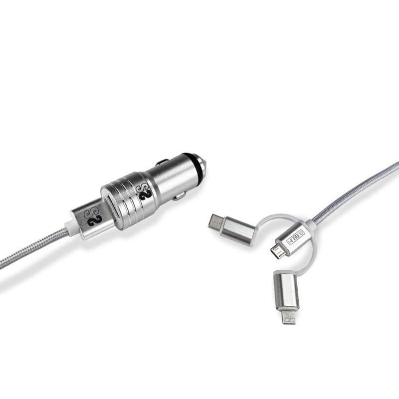 Subblim Cargador de Coche 2xUSB + Cable USB 3 en 1 Lightning/MicroUSB/USB-C Plata