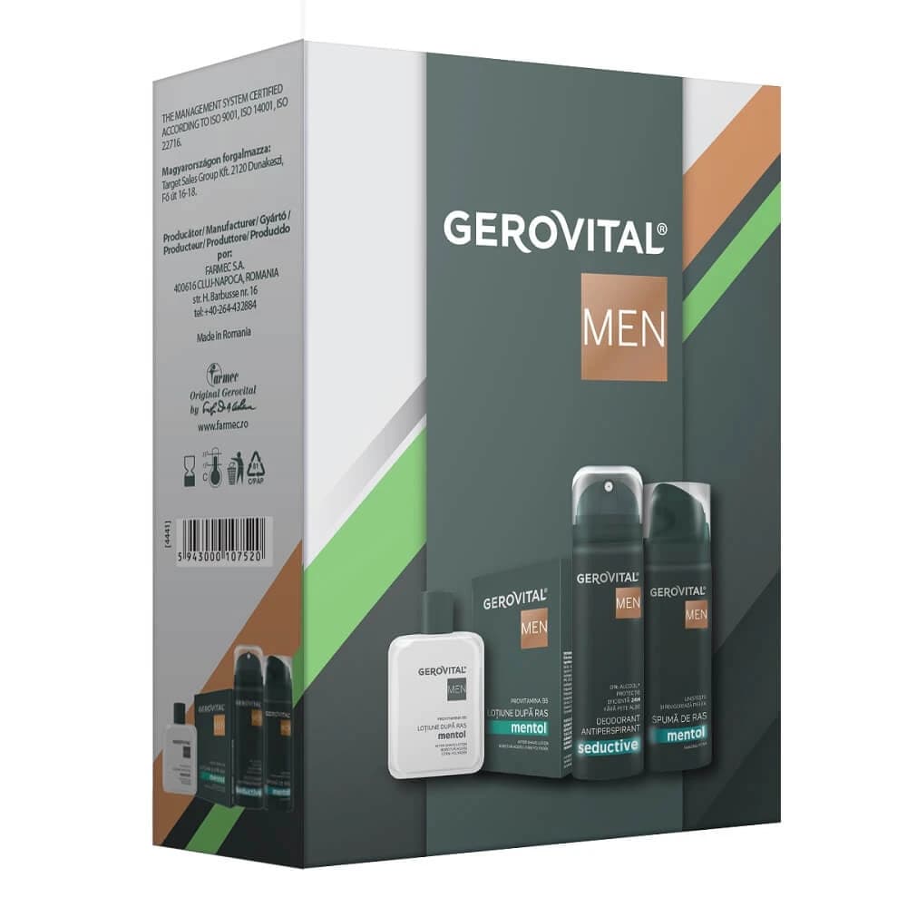 Set Gerovital Men Loción After Shave 100ml, Desodorante 150 ml, Espuma de Afeitar 200ml, Farmec