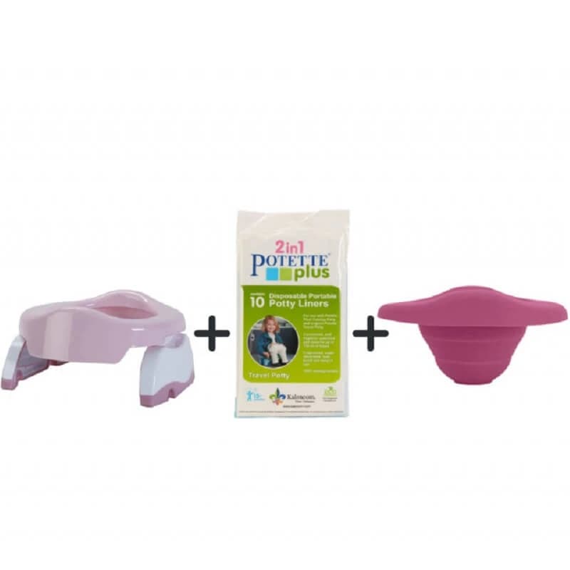 Orinal portátil + bolsa reutilizable + 10 bolsas biodegradables, rosa/blanco, Potette Plus
