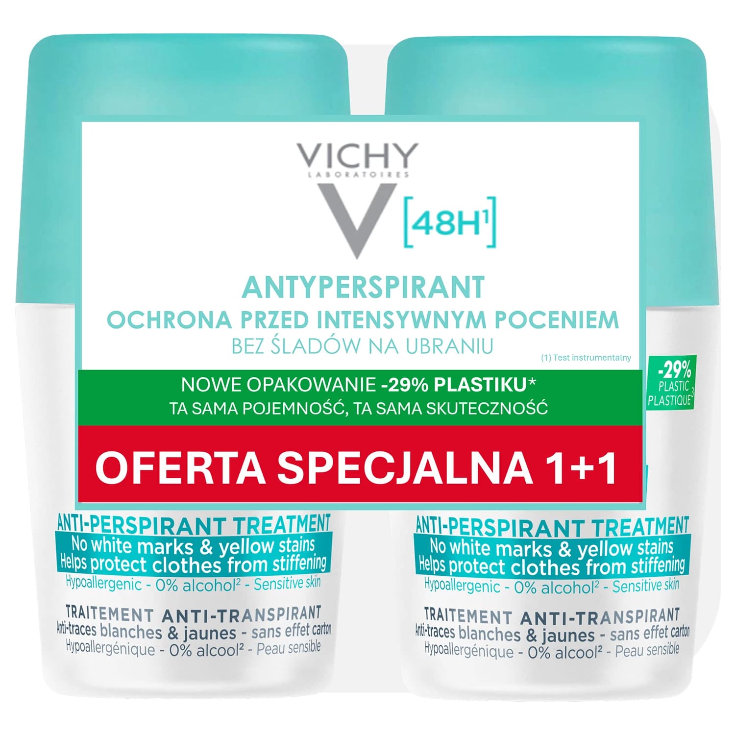 Vichy, antitranspirante roll-on 48h, contra las marcas en la ropa, 2 x 50 ml