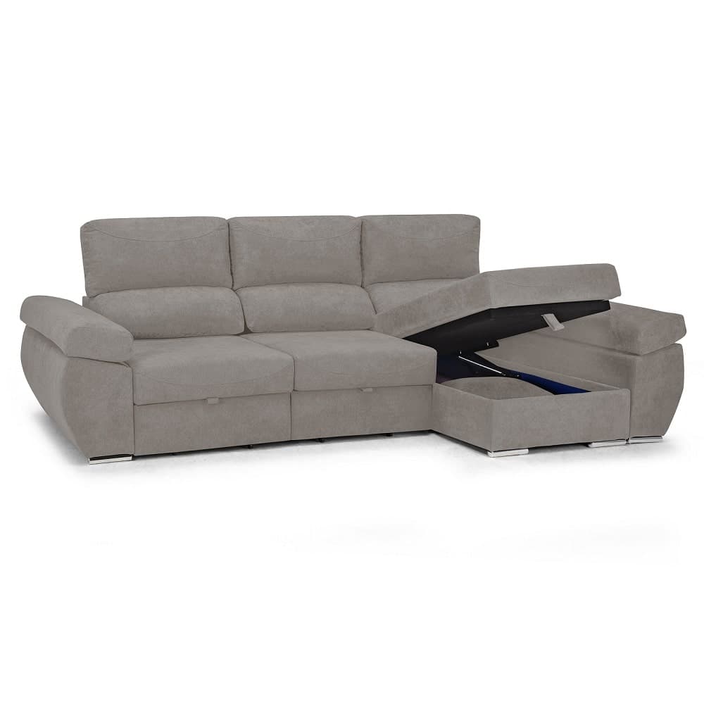 Sofá chaise longue, 3 plazas, cabezales reclinables, asientos deslizantes, arcón - Lecco Gris claro Derecho