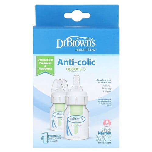 Dr. Brown's, Natural Flow®, Biberones anticólicos Option+™, Biberones anticólicos Option+™, 0 meses y más, Paquete de 2, 60 ml (2 oz) cada uno