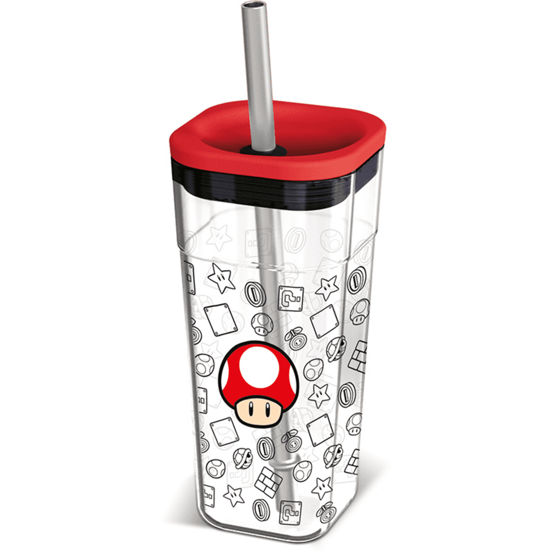 Super Mario - Vaso Acrílico Con Pajita De Acero Inoxidable 540 ml