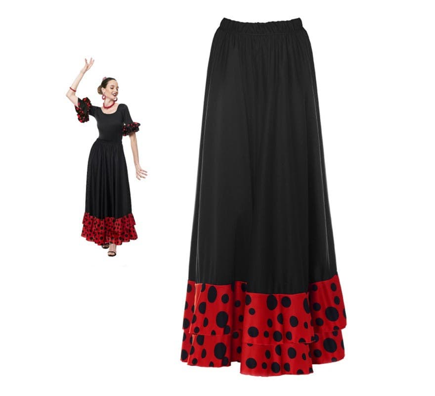 Falda Sevillana doble Volante con Lunar rojo y negro para mujer