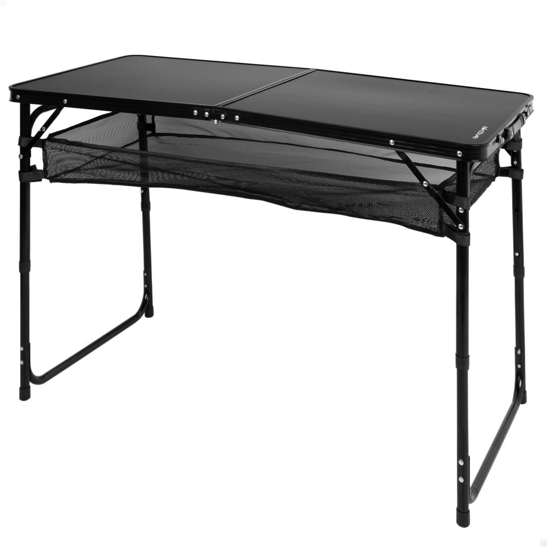 Mesa plegable camping ajustable en altura y antideslizante negra con red