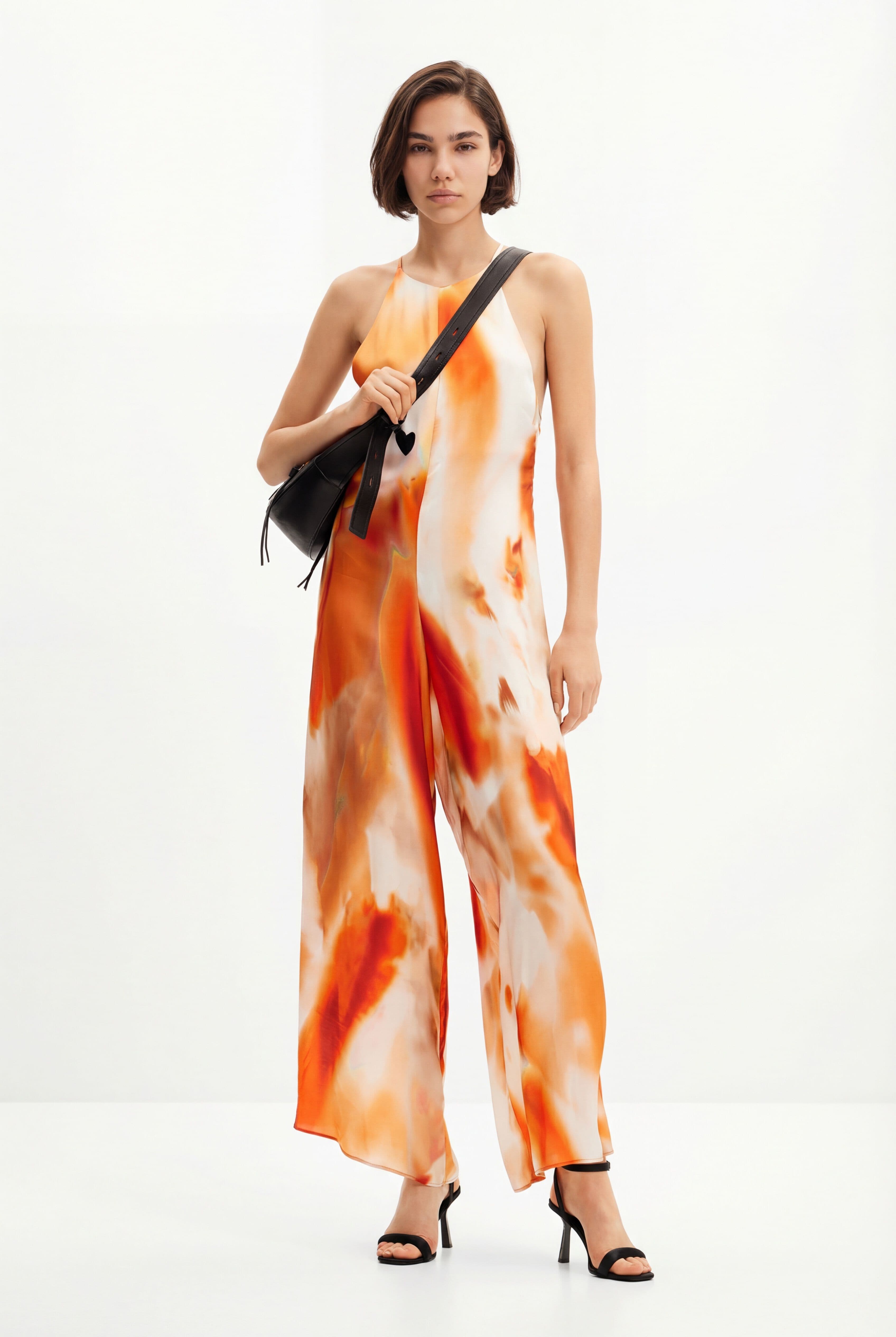Desigual, Mono halter largo abstracto, Viscosa, Naranja, XL