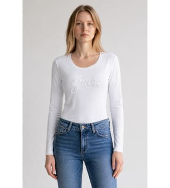 Guess para mujer. W5YI26J1314 Camiseta Embro Script blanco (XS), Casual, Poliéster, Manga larga