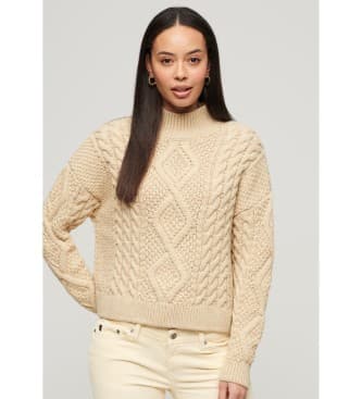 Superdry para mujer. W6110547A Jersey de punto trenzado Arán beige (XL), Casual, Acrílico, Manga larga