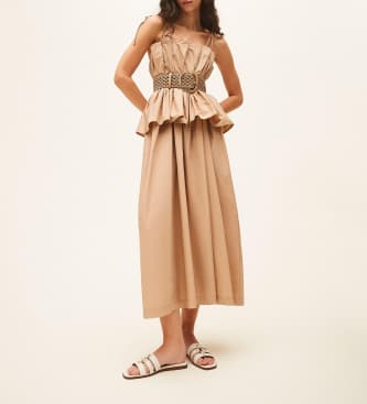 Twinset para mujer. 261TF2030 Vestido de popelina con volante beige (40), Casual, Fiesta, Algodón, Sin mangas / Tirantes