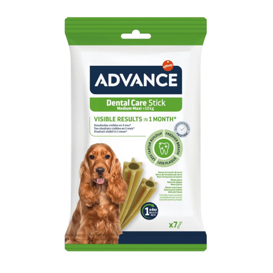 7 barritas Advance Dental Care Stick Medium y Maxi snack para perros