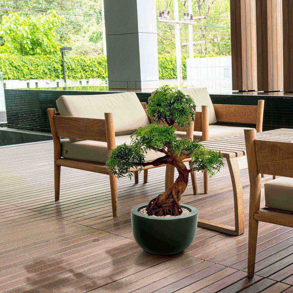 Ming Aralia Bonsai árbol artificial sobre base 90cm - verde - resistente a los UV