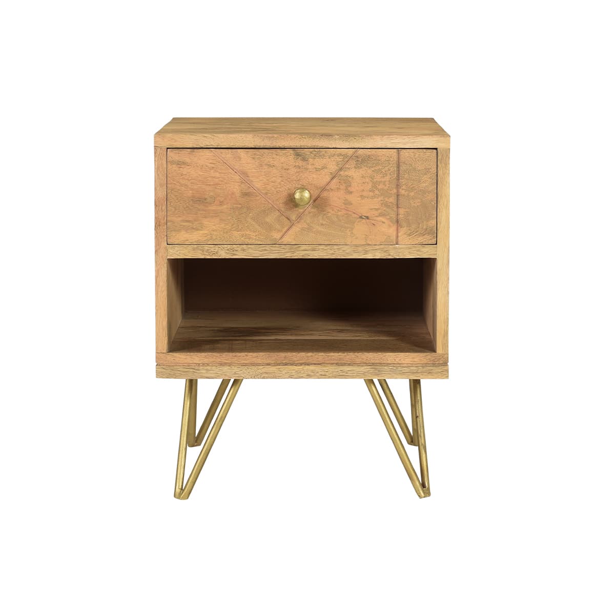 Mesilla de noche de madera de mango macizo tallada y metal dorado LINIUM