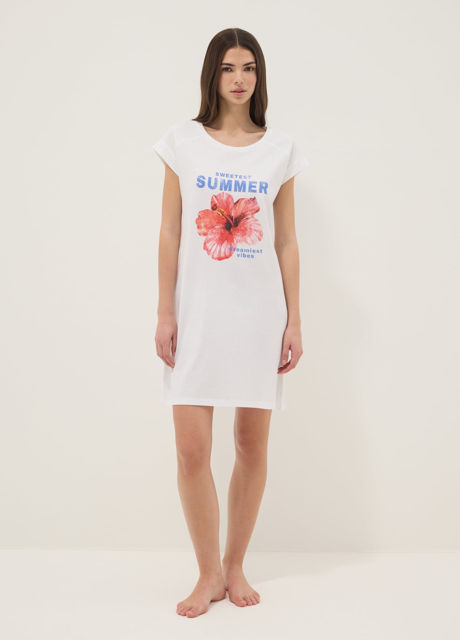 OVS, Camisón Blanco De Puro Algodón Orgánico Regular Fit Con Flor, Mujer, Blanco óptico, Talla: S