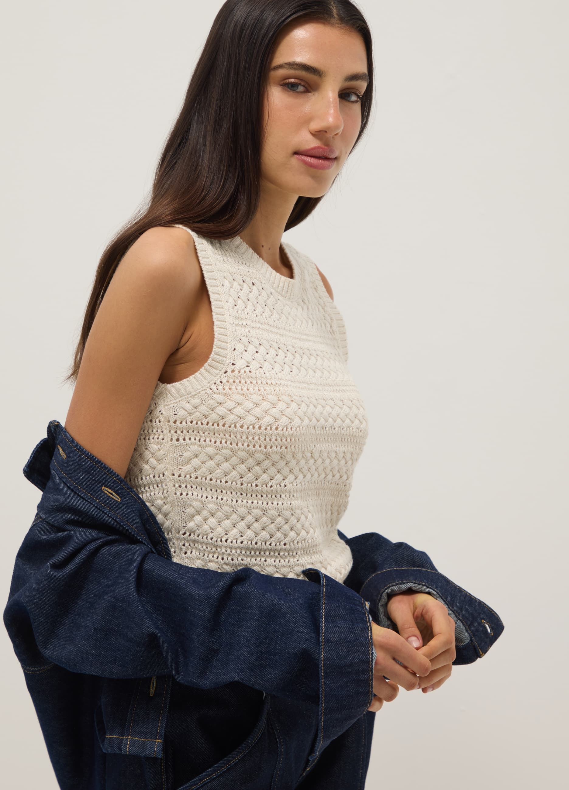 OVS, Camiseta De Tirantes Blanca De Mezcla De Algodón, Corte Regular, Textura Calada, Mujer, Blanco crema, Talla: 38