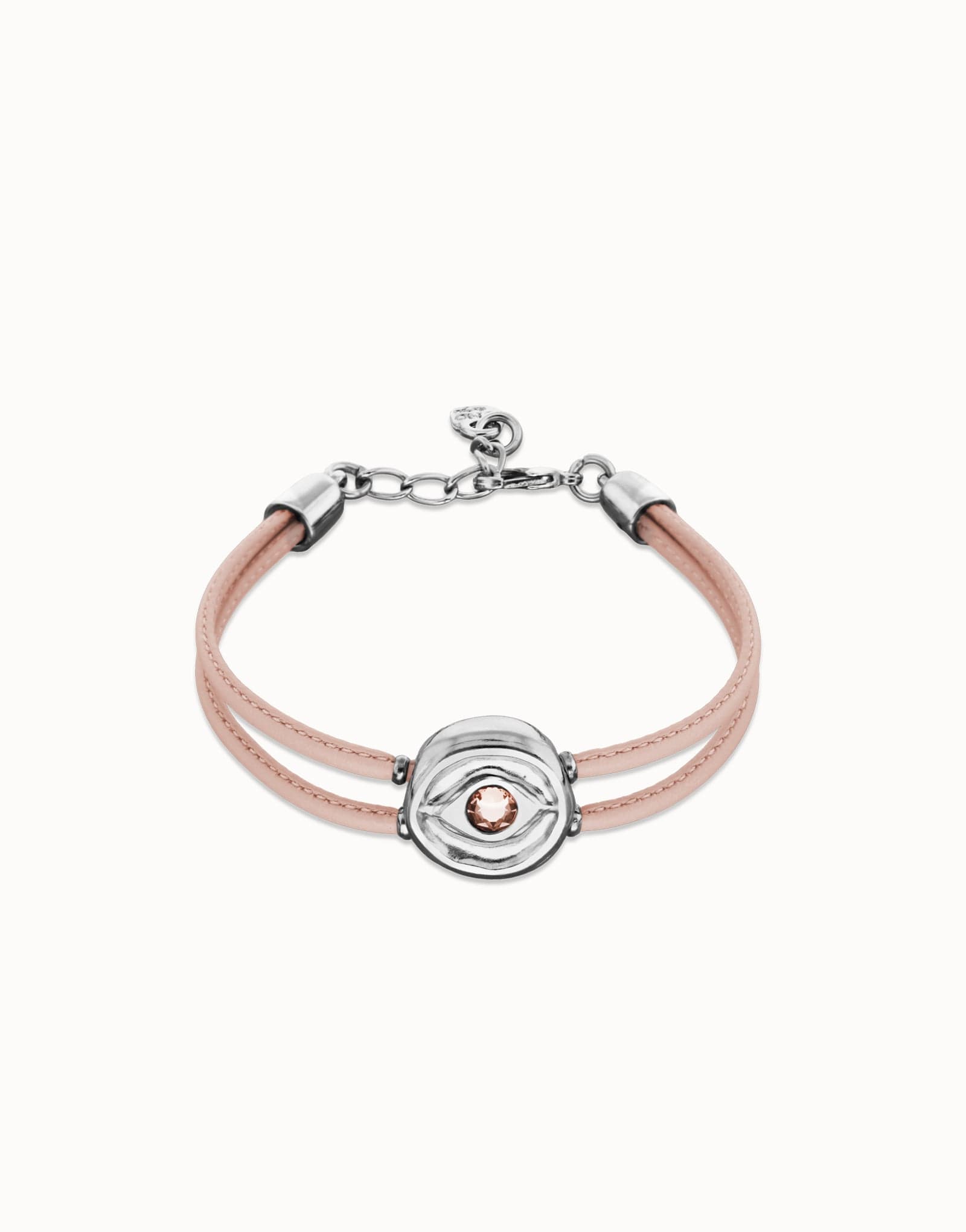 Pulsera doble de cuero rosa con ojo bañado en plata de ley